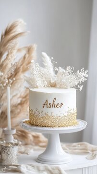 Asher day Elegant white cake with gold details and pampas grass decoration
