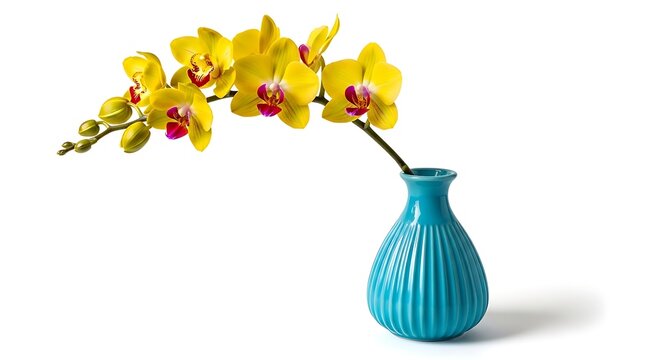 Modern floral still life showcasing an arching branch of yellow orchids in a vibrant blue textured pottery vase.