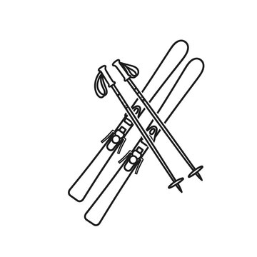 Winter sport equipment, skis and poles, black outline icon