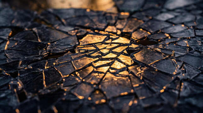 Close-up of a cracked surface with light shining through the cracks
