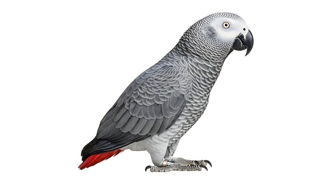 Exotic African Grey parrot with a black beak and bright red tail feathers standing against a white backdrop.