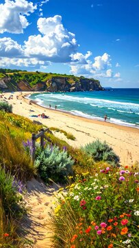 A serene beach scene with a sandy path, vibrant flowers, and a stunning cliffside