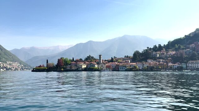 Scenic Lakeside Villages of Lake Como Surrounded by Green Mountains, Italy Travel Destination Landscape Viewed from the Water