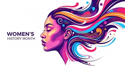 Celebrating Women's History Month with a vibrant colorful artistic profile of a woman showcasing diversity empowerment and strength in a modern illustration style for awareness and appreciation