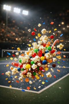 Colorful mix of popcorn candy and confetti on tennis court at night