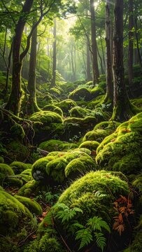 A serene forest scene with moss-covered rocks and trees (1)