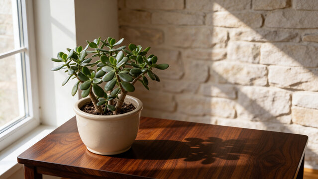 Jade plant (Crassula ovata) in cream ceramic pot on wooden table near window with natural sunlight and brick wall background