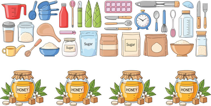 Hand drawn kitchen utensils and sugar ingredients set with honey jars baking tools measuring cups spoons and cooking equipment collection
