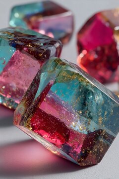 Vibrant Resin Geometric Shapes with Gold Flakes on a Soft Background