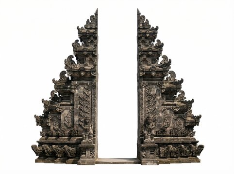 Ornate Balinese Candi Bentar Gate Structure Isolated on White Background.