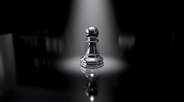 Chess pawn piece standing alone in dramatic spotlight on reflective surface with dark background for strategic business concepts.