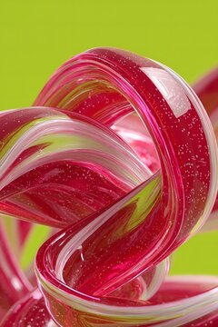 Vibrant Red and White Glossy Ribbon Candy Swirl on Green Background