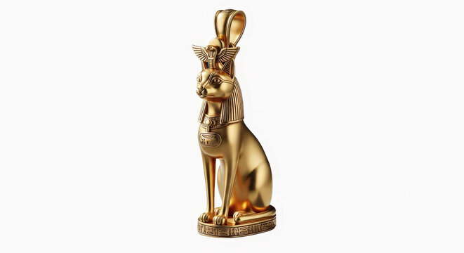 Golden egyptian sacred cat bastet statue with intricate hieroglyphs and luminous glow in a museum