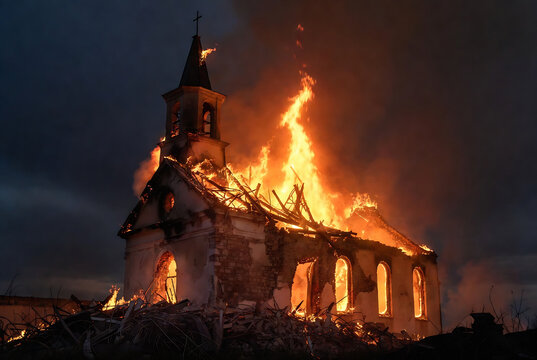 A church is engulfed in flames, representing a devastating event. It appears to be located in a rural area with a dark sky and surrounding debris.