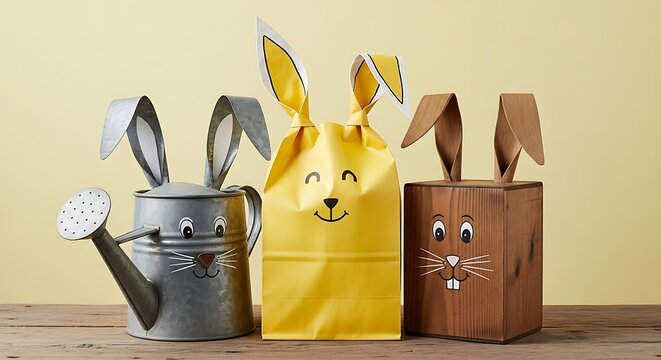 Easter bunny decorations watering can paper bag wooden box