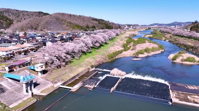 Hitome Senbonzakura | River & Town | Aerial - 4K Aerial Video
