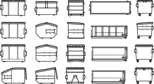An assortment of monochrome dumpsters, showcasing a variety of industrial waste containers in a clean, graphic style.
