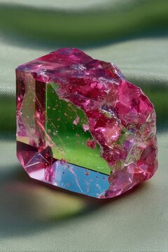 Abstract Pink and Green Glass Sculpture on Fabric: Vibrant Light Play