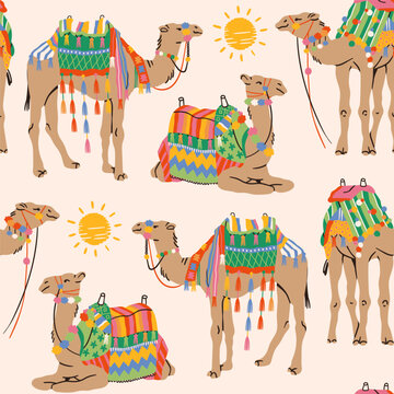 Various Camels with traditional Arabian saddles, different colorful blankets, carpets. Lying, sitting, standing camels in different poses. Hand drawn Vector illustration. Square seamless Pattern