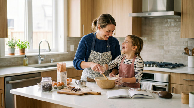 Madre e hija cocinando juntas en cocina moderna, riendo, luz natural, estilo lifestyle realista