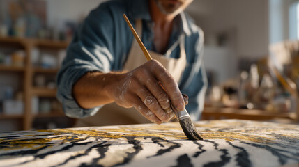 Obraz premium Veteran with paint-covered hands pressing bold brushstrokes onto canvas in a sunlit art therapy studio, abstract patterns echoing military camouflage, occupational rehabilitation program, creative h