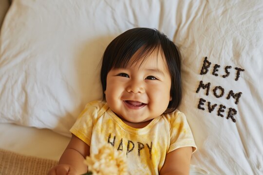 Laughing baby on bed with best mom ever message beside baby