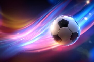 Naklejka premium A black and white soccer ball moves swiftly against a background of dynamic, colorful light trails. It symbolizes the thrilling energy for World Cup 2026 in Mexico, USA, and Canada.