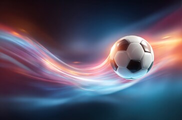 Naklejka premium A black and white soccer ball moves swiftly against a background of dynamic, colorful light trails. It symbolizes the thrilling energy for World Cup 2026 in Mexico, USA, and Canada.