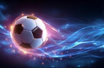 Naklejka premium A black and white soccer ball moves swiftly against a background of dynamic, colorful light trails. It symbolizes the thrilling energy for World Cup 2026 in Mexico, USA, and Canada.
