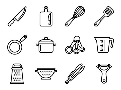 A comprehensive set of line icons depicting essential culinary tools and food preparation equipment for modern kitchens.