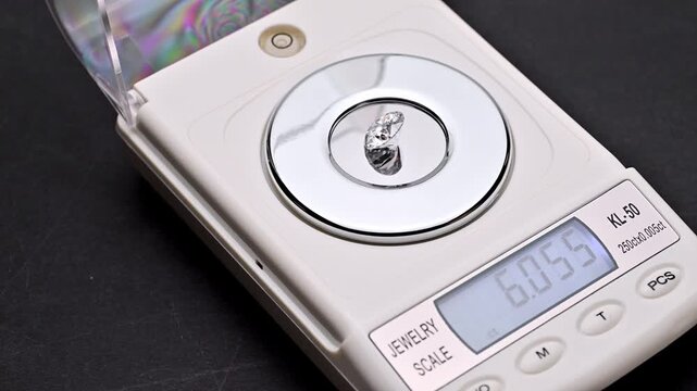 Jewelry scale measures small diamond gemstone with tweezers