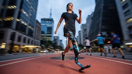 Fototapeta premium Young woman with prosthetic leg running in city