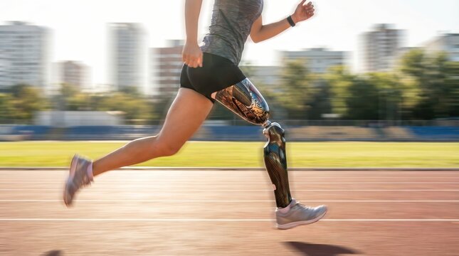 Athlete with prosthetic leg running on track