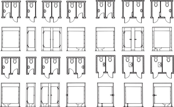 Architectural layout of various toilet stalls, presented as technical diagrams. A variety of stall designs displayed, ideal for architectural and design projects.