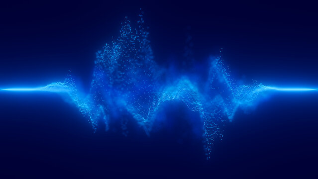Audio blue waveform digital particle wave background. Abstract music dot waves equalizer. Futuristic point sound wave visualization. AI synthetic voice technology. Distorted dot frequencies.
