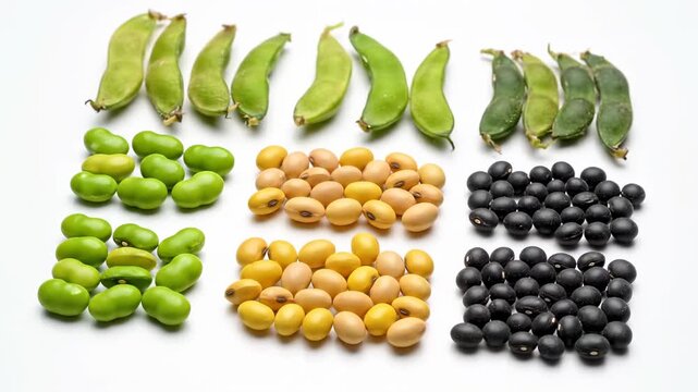 Assorted beans and legumes arranged in rows on white background
