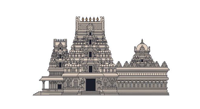Intricate pixel art illustration of a traditional South Indian Hindu temple with multiple towers and detailed carvings