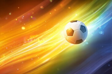 Naklejka premium A black and white soccer ball moves swiftly against a background of dynamic, colorful light trails. It symbolizes the thrilling energy for World Cup 2026 in Mexico, USA, and Canada.