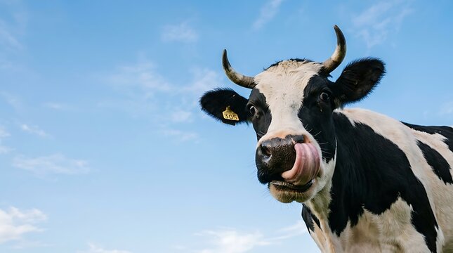 A black and white cow with horns licks its nose against a bright blue sky with clouds.