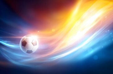 Naklejka premium A black and white soccer ball moves swiftly against a background of dynamic, colorful light trails. It symbolizes the thrilling energy for World Cup 2026 in Mexico, USA, and Canada.
