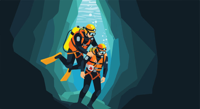 Scuba diver assisting another diver while exploring deep underwater cave passages