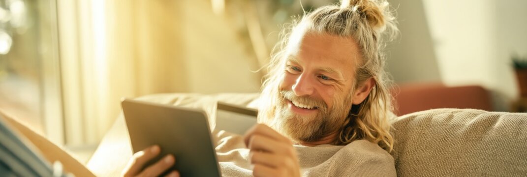 Bearded man holding credit card and using tablet on couch at home