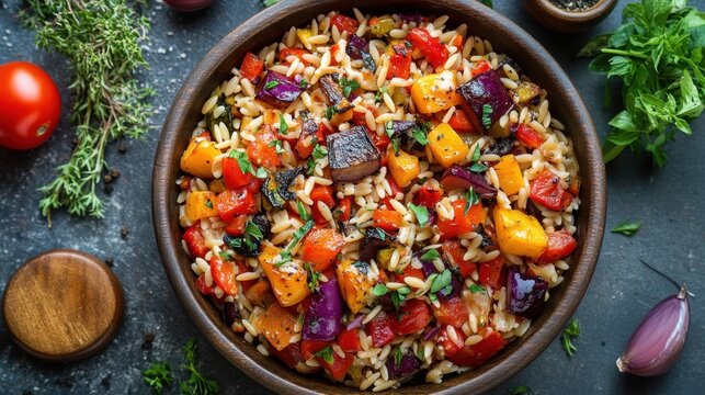 Vibrant mediterranean vegetable orzo salad with fresh herbs and tomatoes