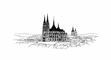 Fototapeta premium Black and white sketch of a large cathedral surrounded by houses and rolling hills