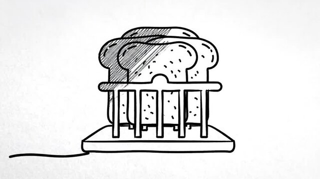 Hand-drawn illustration of a toaster with bread popping up simple sketch for breakfast.