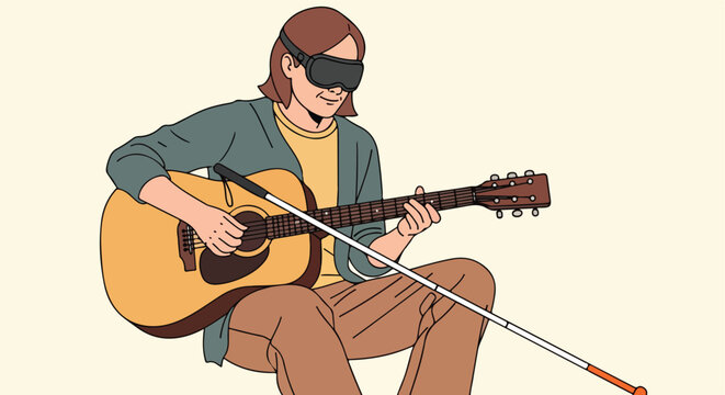 A visually impaired person with a blindfold and cane playing acoustic guitar
