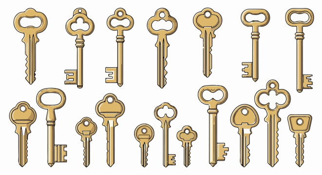 Collection of antique gold-colored keys with ornate handles and cut teeth