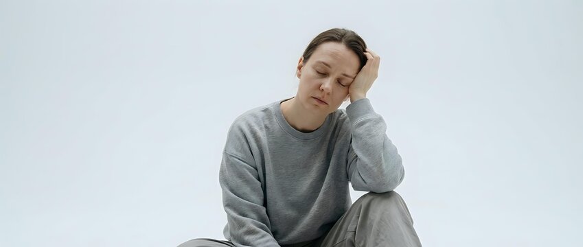 Young Asian man in gray sweatshirt sitting with hand on head showing fatigue, stress or headache on white background isolated for design use.