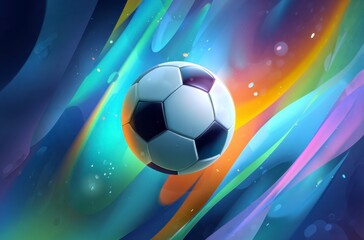 Naklejka premium A black and white soccer ball moves swiftly against a background of dynamic, colorful light trails. It symbolizes the thrilling energy for World Cup 2026 in Mexico, USA, and Canada.