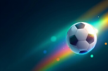 Naklejka premium A black and white soccer ball moves swiftly against a background of dynamic, colorful light trails. It symbolizes the thrilling energy for World Cup 2026 in Mexico, USA, and Canada.